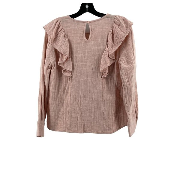 Lucky Brand Women's 100% Cotton Pink Linen Long Sleeve Ruffled Top Shirt Size S - Picture 3 of 9